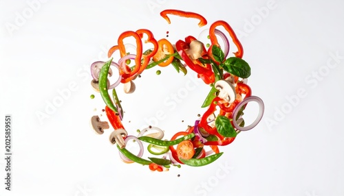 Magical vortex of sliced vegetable swirling in circular motion for healthy cooking concept