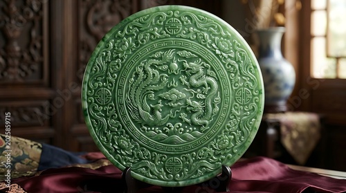 Intricate Green Jade Plate with Dragon Motif Displayed on a Stand.