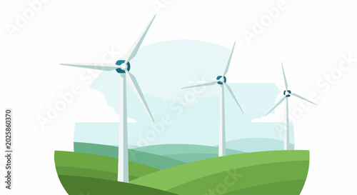 Sustainable Wind Energy Concept with Wind Turbines on Green Hills; Clean Renewable Power Generation Flat Vector Illustration