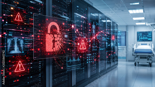 hospital server breach alert, concept of healthcare cybersecurity risk