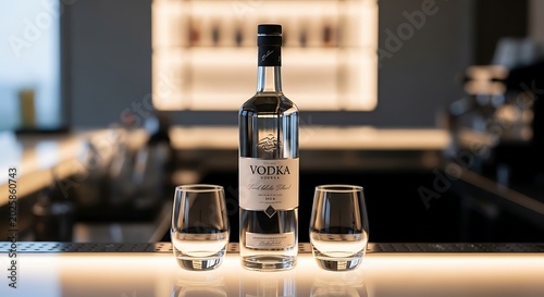 Minimalist vodka arrangement with a bottle and two glasses on a modern bar counter.