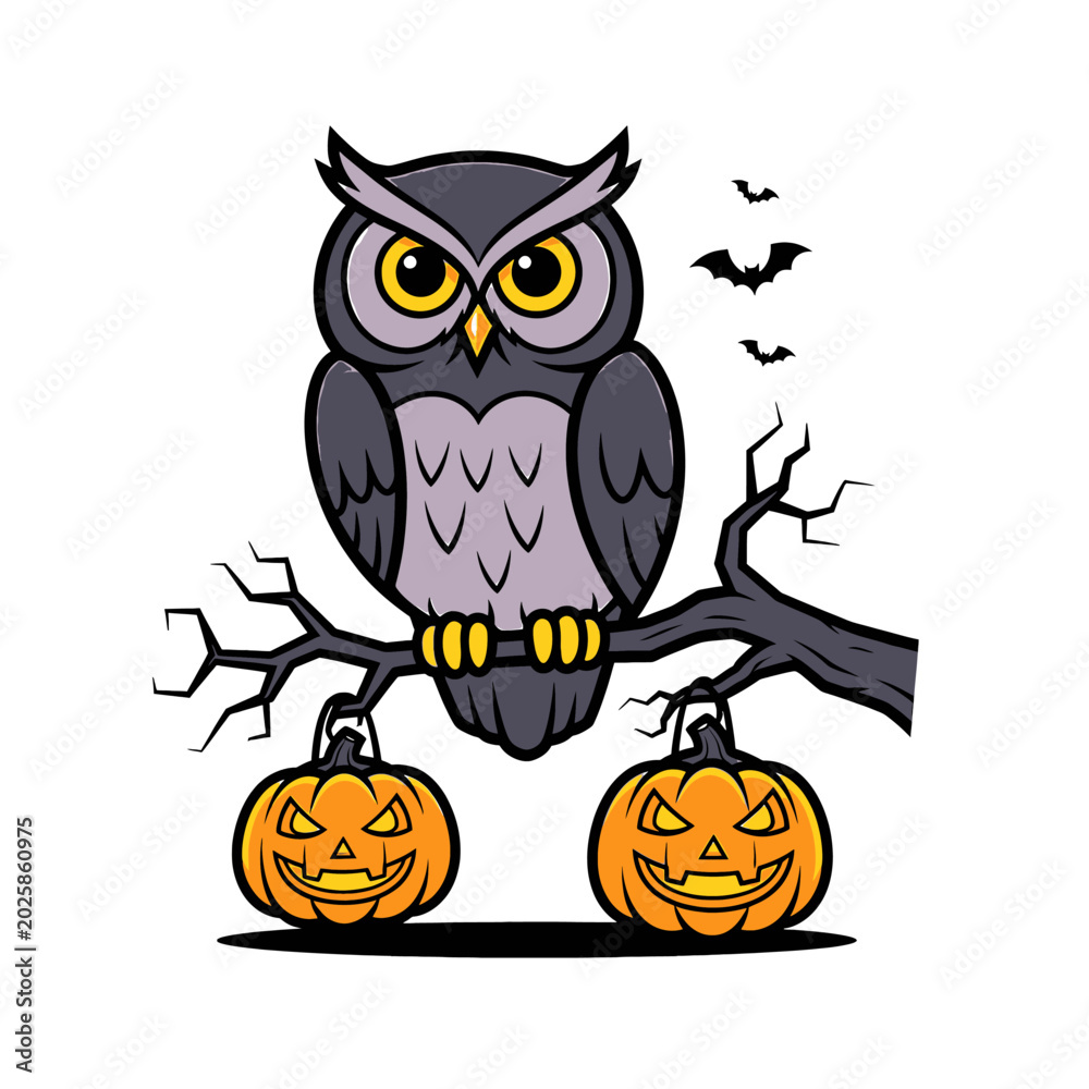 Fototapeta premium Owl Sitting on Tree with Pumpkins.