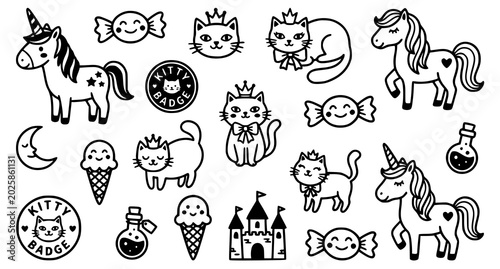 Foto Cute cartoon stickers of cats unicorns and candy
