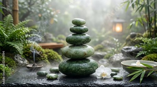 Meditative stone balance in a lush, misty, tranquil Japanese garden setting.