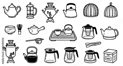 Fotografía Hand drawn tea and coffee brewing equipment collection black and white sketch