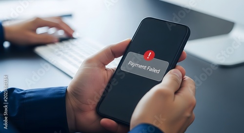 Failed online payment notification on smartphone display frustrated customer concept