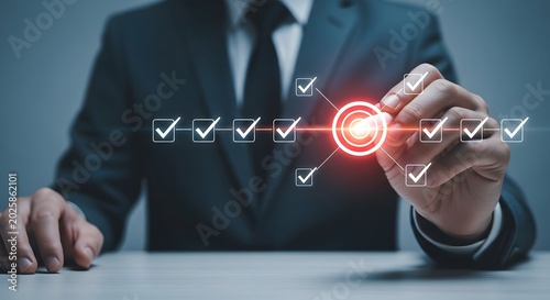 Business professional interacting with digital target and checkmark interface for strategic planning