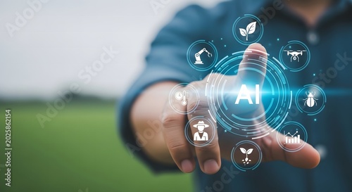 Artificial intelligence in agriculture smart farming technology concept with hand interaction