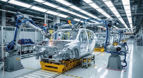Modern car factory production line with robotic technology and vehicle frames undergoing assembly in a clean industrial facility interior, machine, engineering, car