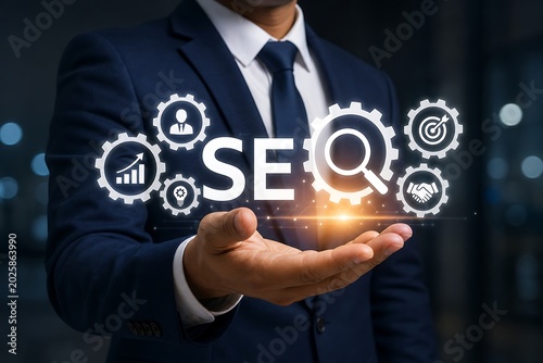 Businessman in a suit holds the seo concept with various icons representing search engine optimization strategies floating above his hand.