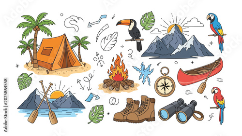 Εκτύπωση καμβά Adventure Collage: A vibrant collection of hand-drawn illustrations depicts a thrilling outdoor adventure, featuring a tent, campfire, mountains, canoe, and exotic birds