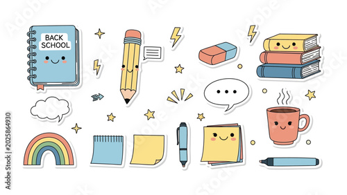 Bild auf Leinwand Kawaii School Supplies Sticker Set: Adorable, hand-drawn kawaii-style illustrations of back-to-school essentials, including a smiling notebook, a chatty pencil, a playful rainbow