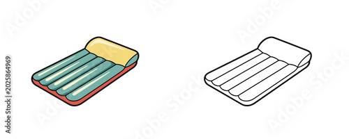 Inflatable pool air mattress and swim ring in line and cartoon styles featuring blue yellow and red colors used for summer swimming
