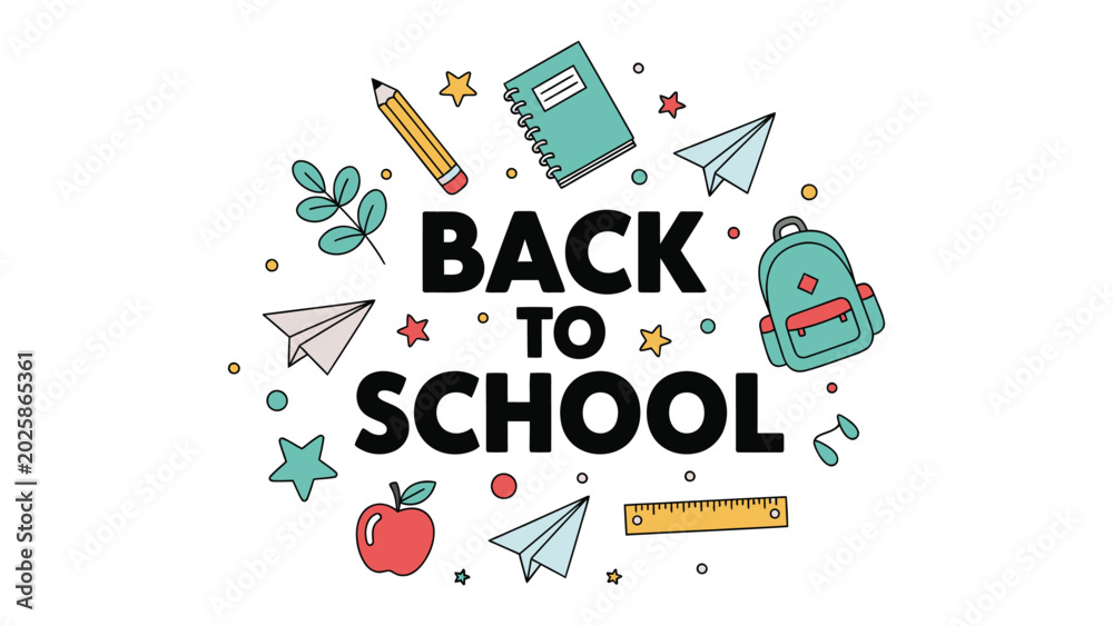 Obraz premium Back to School Celebration: A vibrant illustration celebrates the start of the school year with classic school supplies, paper airplanes, and cheerful stars, exuding excitement and anticipation.