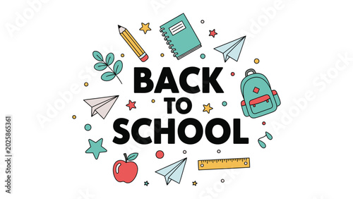 Vászonkép Back to School Celebration: A vibrant illustration celebrates the start of the school year with classic school supplies, paper airplanes, and cheerful stars, exuding excitement and anticipation