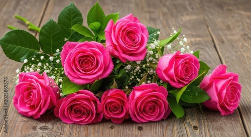 Vibrant hot pink roses with lush green leaves are elegantly arranged on a rustic dark wooden surface, creating a stunning floral contrast, vivid, magenta, wooden