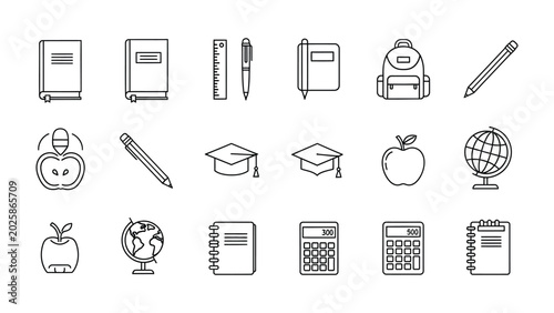Obraz na plátně School and Education Icons: A collection of simple, clean line art icons representing various school and education-related items, perfect for learning materials and design projects
