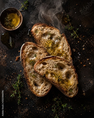 Sourdough bread flat lay. Toasted artisan slices with olive oil and herbs. Dark moody food photography for restaurant menu, bakery, rustic cuisine, and gourmet recipe design.