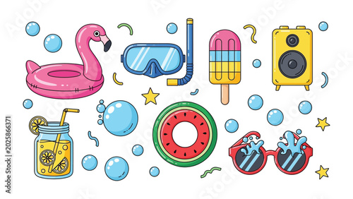 Obraz na płótnie Summer Fun Icons: A vibrant collection of summer-themed illustrations, including a flamingo float, snorkeling gear, popsicles, a refreshing drink, and fun sunglasses