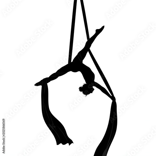 Silhouette of aerialist performing on silk fabric against white backdrop