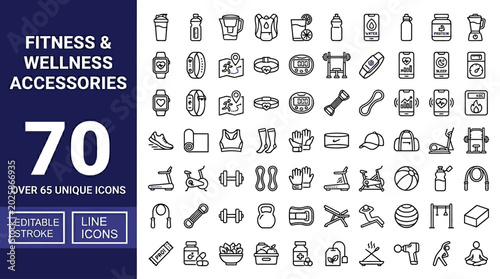 Seventy Outline Icons Representing a Wide Range of Fitness and Wellness Accessories for Active Lifestyles and Health