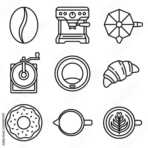 Photos Coffee shop and cafe related line icons with espresso croissant breakfast bevera