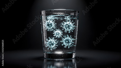Water glass with glowing Ebola microorganisms