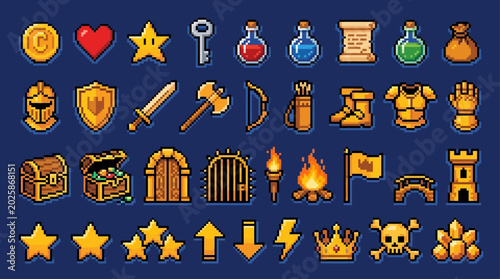 Comprehensive collection of vibrant pixel art game icons and elements, including fantasy weapons, magic items, treasure, and adventure graphics for digital game development