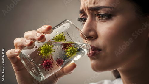 Woman drinking contaminated water with Ebola particles