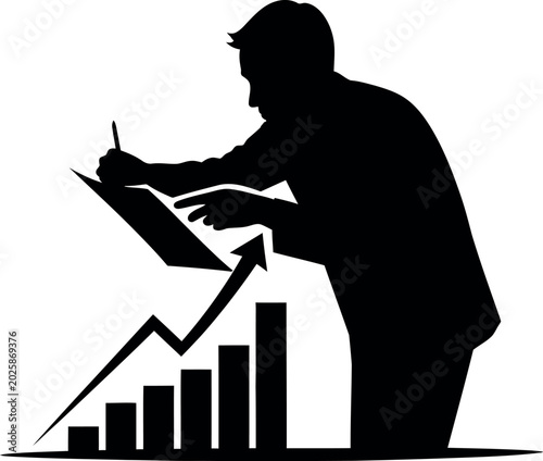 Silhouette of a man analyzing a graph isolated on transparent background
