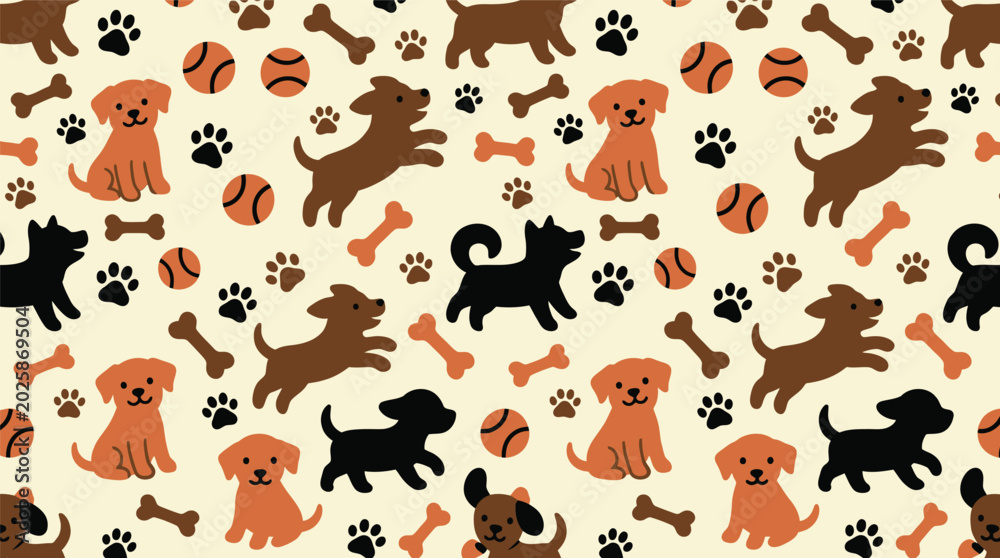 Fototapeta premium Cute Seamless Pattern with Cartoon Puppies, Dog Paws, Bones, and Balls. Flat Vector Illustration for Pet Shop Branding, Animal Wallpaper, and Nursery Fabric Design.