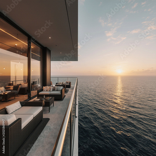 Luxury Tropical Villa with Infinity Pool and Sunset Ocean View. Modern luxury tropical villa with infinity pool terrace overlooking calm ocean during sunset.
