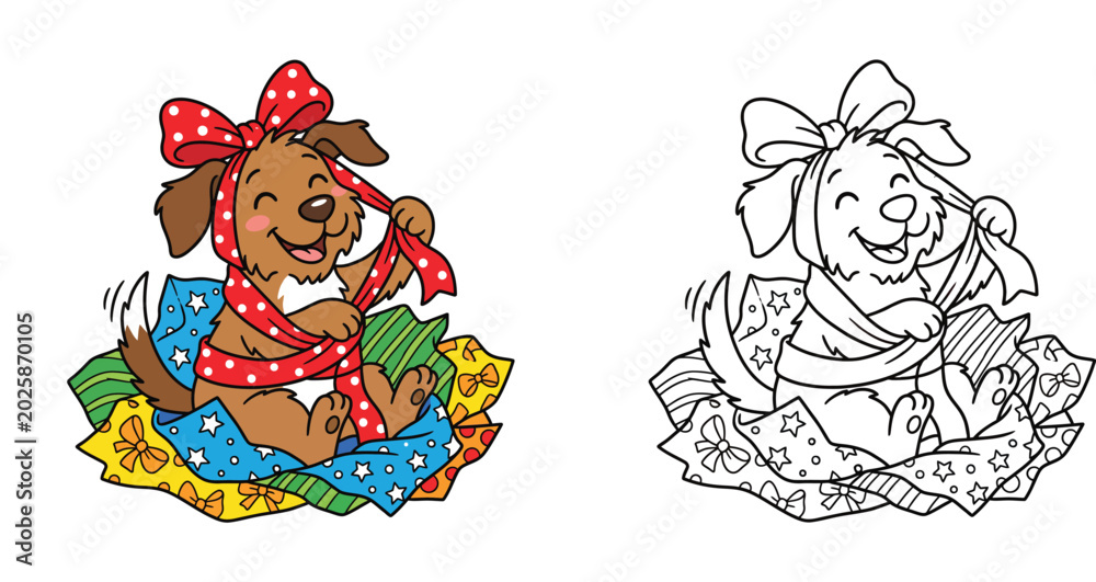 Fototapeta premium Cute Cartoon Puppy Wrapped in Gift Ribbon and Wrapping Paper Coloring Page Vector Illustration for Kids