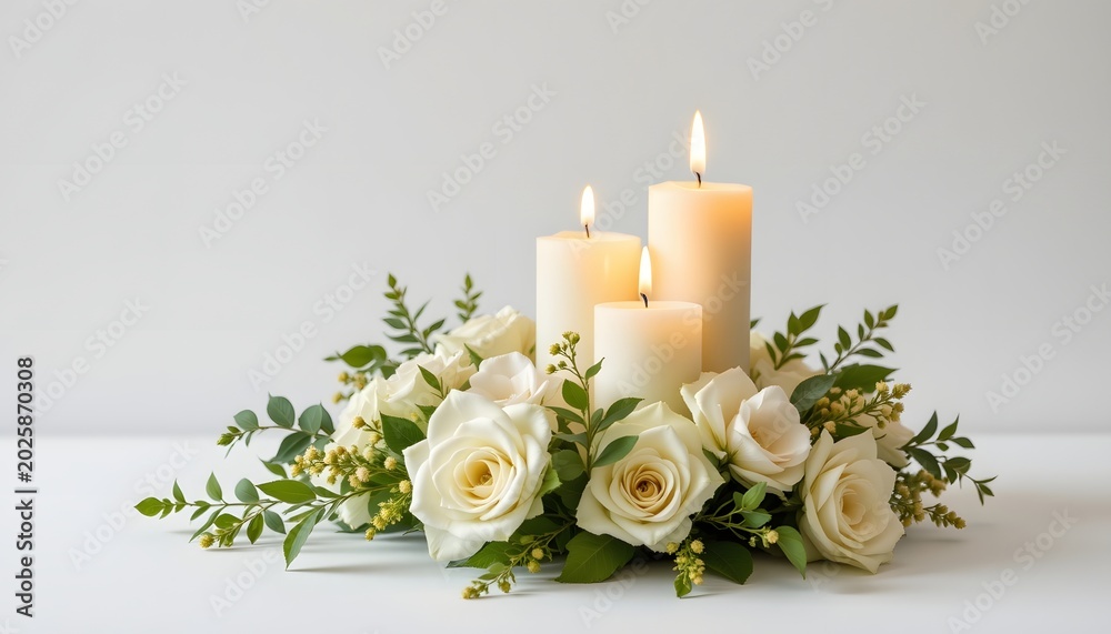 Obraz premium realistic white wedding candle centerpiece isolated on a pure white background, soft studio lighting, elegant wedding decor stock photo, high detail, shadow subtle and clean