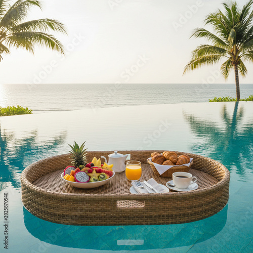 Luxury Floating Breakfast in Tropical Infinity Pool Resort. Elegant floating breakfast tray in tropical infinity pool with ocean view and palm trees.