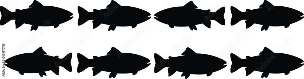 Obraz premium Trout silhouettes collection. Freshwater Trout vector graphics for mountain river angling guides. Speckled Trout shapes for outdoor camping equipment merchandise labels.