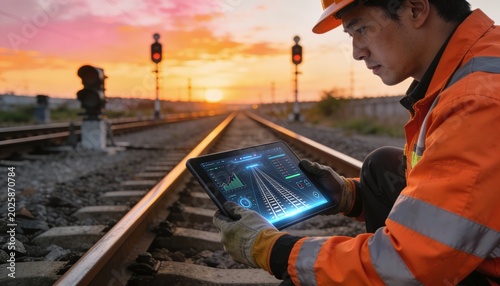 Railroad worker in safety gear diligently monitor train tracks at dawn with advanced tablet, analyzing railway systems and infrastructure, ensuring smooth operation in a modern, secure transportation