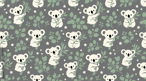Photography Cute Koala Bear Seamless Pattern with Eucalyptus Leaves and Stars