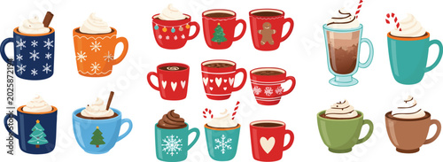 Quadro su tela Cute winter hot chocolate and coffee mug vector illustration set featuring Chris