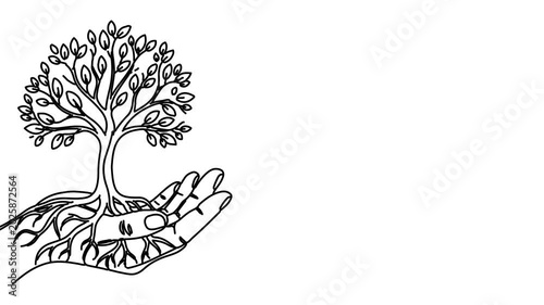 Animation of line drawing of tree growing from a hand symbolizing sustainability and environmental rights.