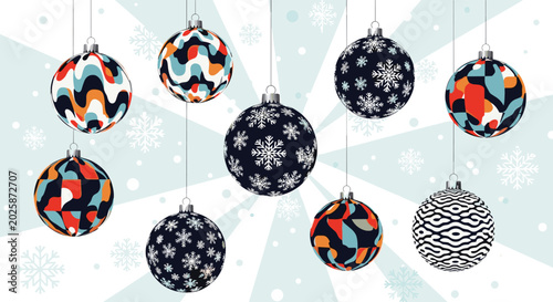 Slika na platnu Festive holiday composition features several hanging Christmas baubles with various artistic patterns on a snowy radial background