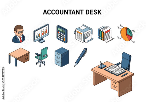 Bild auf Leinwand Isometric office desk and elements, including computer, calculator, pen, and fil