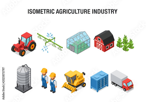 Isometric agriculture industry vector illustration set, featuring modern farming equipment, structures, and vehicles for a comprehensive overview