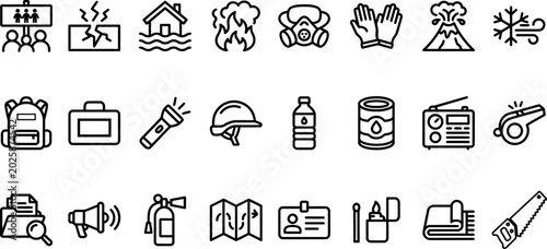 Emergency and disaster preparedness icons set. Contain icons related to earthquake, flood, backpack, first aid kit and more. Editable stroke. Vector illustration