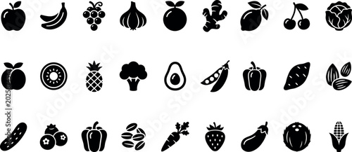 Fruits, vegetables and nuts icons set. Contain icons related to apple, banana, grapes, carrot and more. Editable stroke. Vector illustration