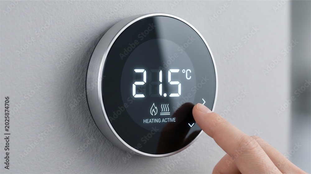 Fototapeta premium Digital thermostat showing 21.5°C, heating active