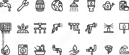 Water and conservation icons set. Contain icons related to faucet, shower, washing machine, sprinkler and more. Editable stroke. Vector illustration