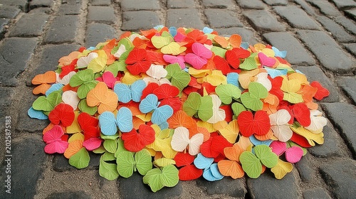 Colorful Butterfly Shapes Spread Across Cobblestone Surface