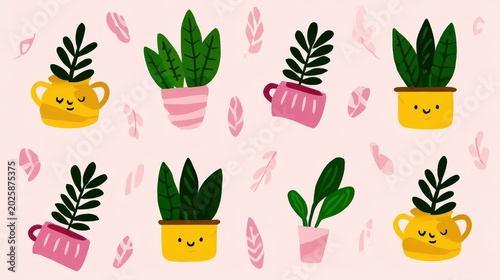 Whimsical Botanical Pattern with Cute Potted Plants on Pink Background