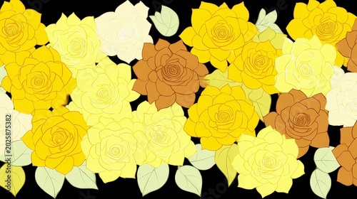 Bright Floral Pattern with Yellow and Brown Roses on Black Background